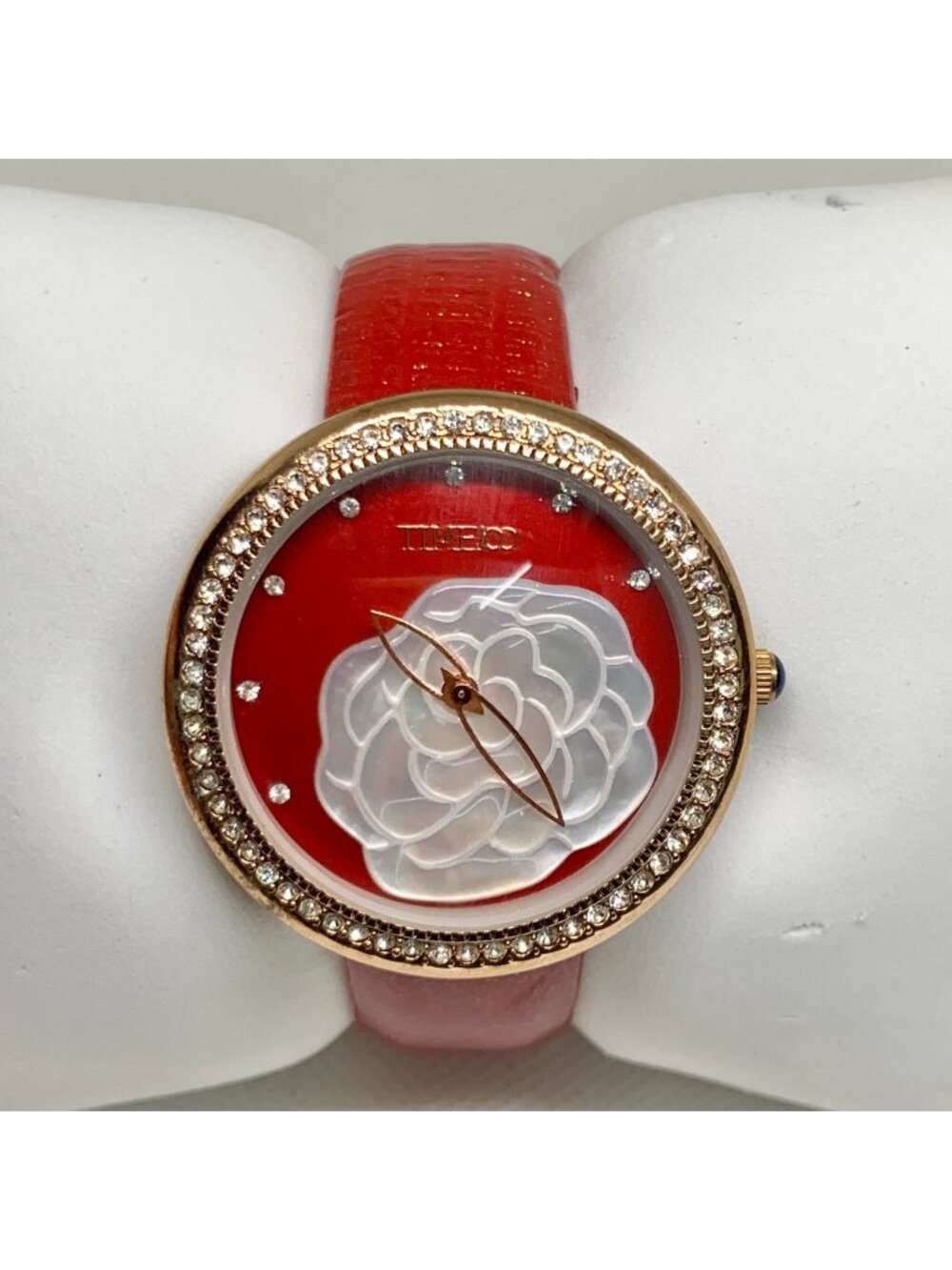 Timeco women’s watch floral dial rose gold tone 40mm red leather band running